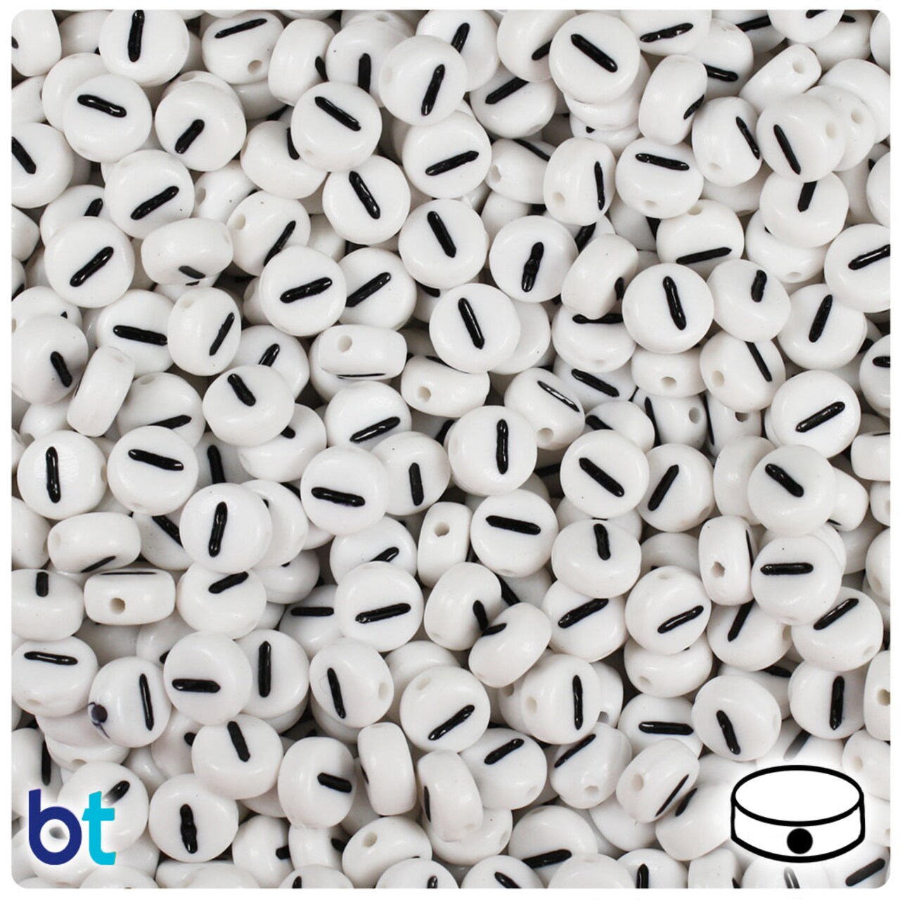 BeadTin White Opaque 7mm Coin Plastic Alpha Beads - Black Number 1 (100pcs)